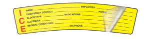 LABEL, HARD HAT "ICE" EMERGENCY INFO  YELLOW ADHESIVE VINYL 1 1/2IN X 6IN ( PKG 5 )