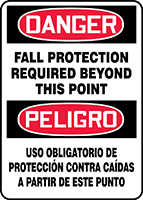 DANGER, FALL PROTECTION REQUIRED BEYOND THIS POINT BILINGUAL 14 X 10 PLASTIC