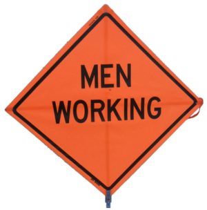 SIGN, 48" ORANGE MESH ROLLUP ( MEN WORKING)