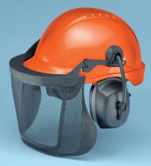 HELMET , " PRO GUARD SYSTEM " W/ FULL COVER MESH FACE SHIELD LENS & NRR27 CAP MOUNT EAR MUFFS ( ELVEX )