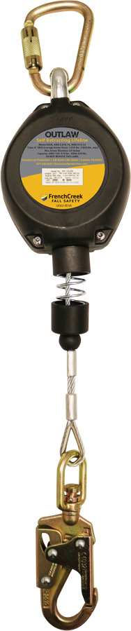 LIFELINE, OUTLAW " CLASS A " RETRACTABLE 11FT GALVANIZED CABLE W/ POLY HOUSING W/ ANSI 3600LB SNAP & FALL INDICATOR