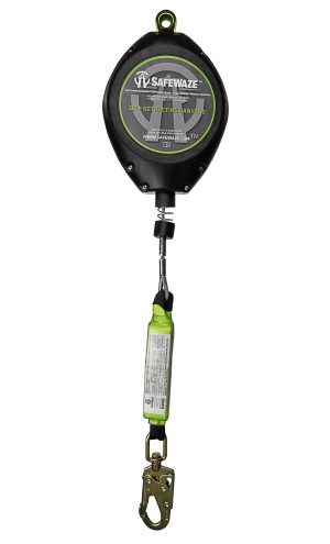LIFELINE, " SAFEWAZE " RETRACTABLE 30FT LEADING EDGE GALVANIZED CABLE W/ POLY HOUSING W/ SWIVEL , CARABINER & ANSI 3600LB SNAP W/ FALL INDICATOR
