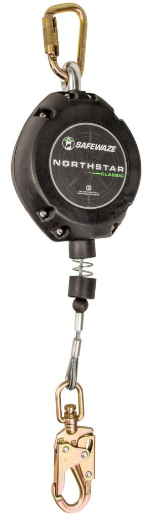 LIFELINE, " CLASS B " RETRACTABLE 30FT GALVANIZED CABLE W/ POLY HOUSING W/ SWIVEL, CARABINER & ANSI 3600LB SNAP W/ FALL INDICATOR 9LBS