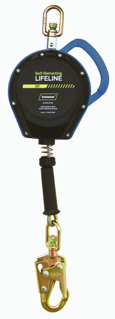LIFELINE , " IRONWEAR " RETRACTABLE 30FT GALVANIZED CABLE W/ POLY HOUSING SWIVEL & CARABINER ANSI 3600LB SNAP W/ FALL INDICATOR & TAG LINE