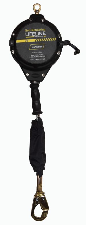 LIFELINE , " IRONWEAR " RETRACTABLE 30FT LEADING EDGE GALVANIZED CABLE W/ POLY HOUSING W/ SWIVEL & CARABINER & ANSI 3600LB SNAP W/ FALL INDICATOR & TAG LINE
