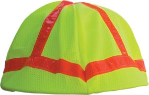 HARD HAT COVER, HI VIZ LIME GREEN  W/ 1" ORANGE REFLECTIVE STRIPES