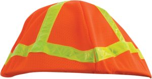 HARD HAT COVER, HI VIZ ORANGE W/ 1" LIME GREEN REFLECTIVE STRIPES
