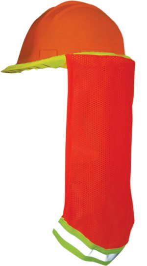 NECK SHADE, HI VIZ ORANGE W/ LIME & SILVER STRIPES ( ATTACHES TO HARD HAT )