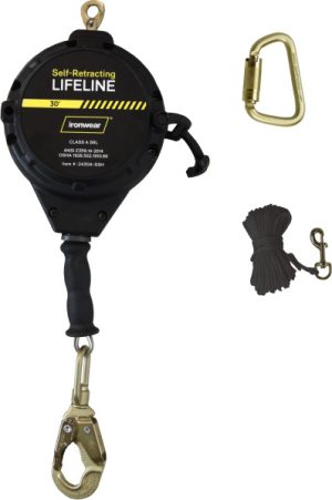 LIFELINE , " IRONWEAR " RETRACTABLE 30FT ( CLASS A ) GALVANIZED CABLE W/ POLY HOUSING SWIVEL & CARABINER ANSI 3600LB SNAP W/ FALL INDICATOR & TAG LINE