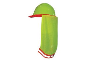 NECK SHADE, HI VIZ LIME GREEN W/ ORANGE & SILVER STRIPES ( ATTACHES TO HARD HAT )