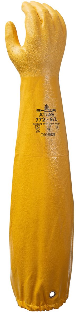 GLOVE, YELLOW NITRILE ROUGH FINISH W/28" SLEEVE W/GAUNTLET CUFF LARGE