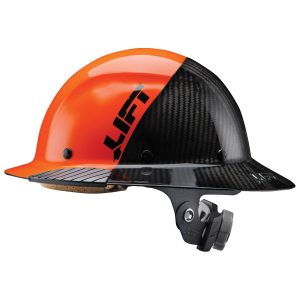 HARD HAT, DAX CARBON FIBER FULL BRIM FIFY50 ORANGE/BLACK 6 POINT RACHET SUSPENSION