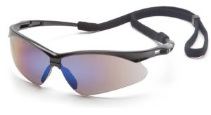 GLASSES, PMXTREME W/ BLACK FRAME & BLUE MIRROR LENSE W/ CORD