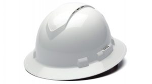 HARD HAT, PYRAMEX " RIDGELINE " FULL BRIM VENTED WHITE W/ RATCHET SUSPENSION
