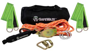 HORIZONTAL LIFELINE SYSTEM, 100FT KERNMANTLE ROPE, TENSIONER, SHOCK ABSORBER, (3 ) CARABINERS, ( 2 ) 6FT TIE OFF STRAPS, ( 2 ) CONNECTOR RINGS & TRANSPORT BAG