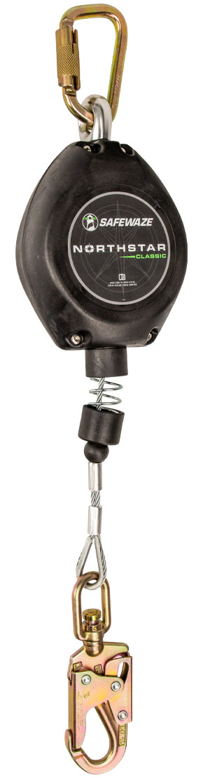 LIFELINE, " CLASS A " RETRACTABLE 20FT GALVANIZED CABLE W/ POLY HOUSING W/ SWIVEL, CARABINER & ANSI 3600LB SNAP W/ FALL INDICATOR